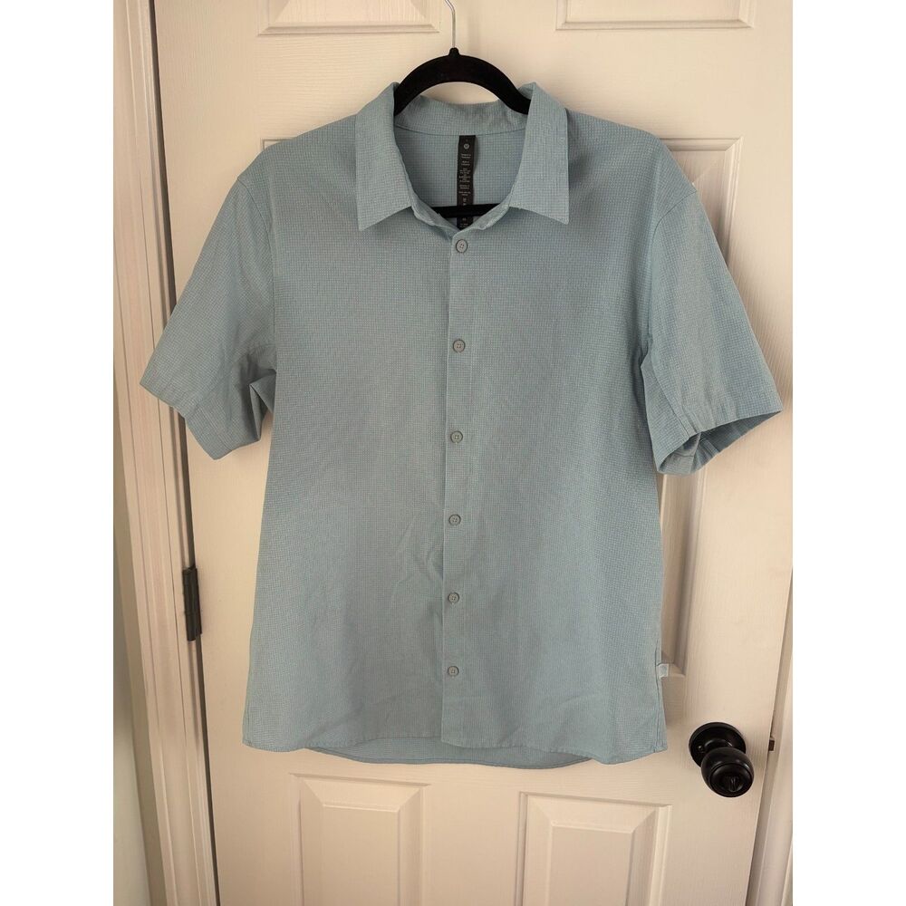 Lululemon Airing Easy Short Sleeve Button Down Teal Blue Shirt Size Large